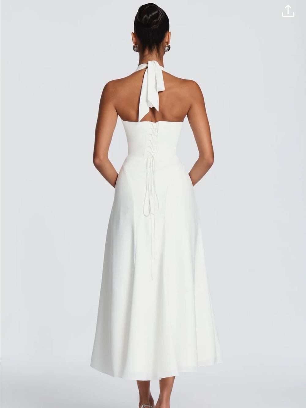 Halter Midi Dress in White with Plunging Neckline - Picture 2 of 6